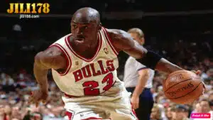 Ang larawan ay si michael jordan na nag babasketball